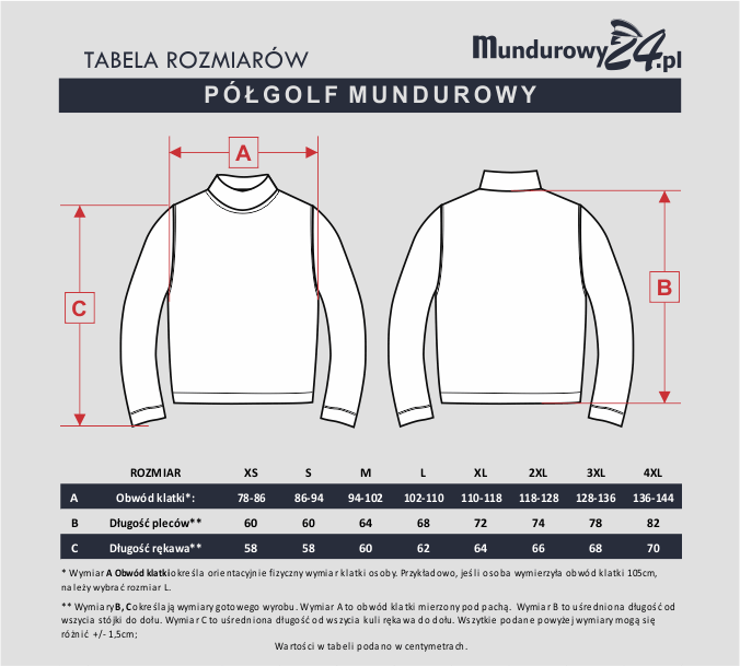 Tabela rozmiarów: PÓŁGOLF MUNDUROWY
