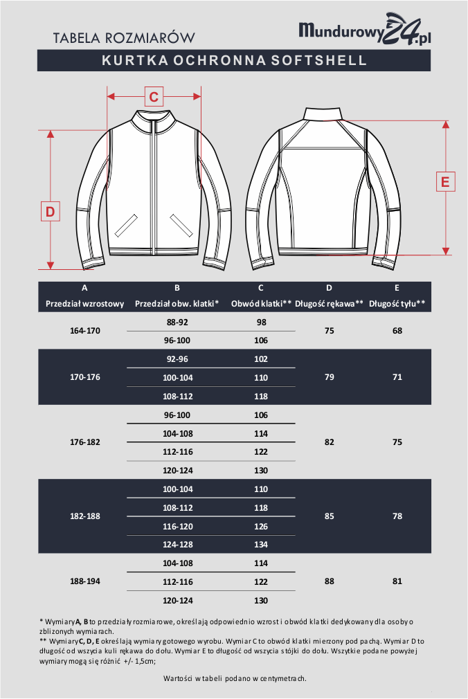 Tabela rozmiarów: Kurtka Ochronna SOFTSHELL Tabela rozmiarów: Kurtka Ochronna SOFTSHELL
